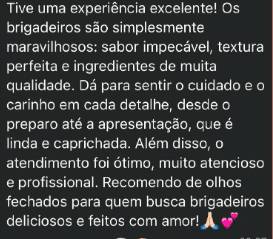 Cliente elogia sabor impecável, textura perfeita, ingredientes de qualidade, cuidado na apresentação e atendimento profissional